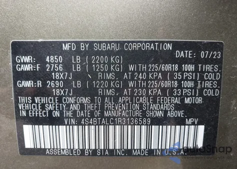 2024 Subaru Outback Onyx Edition z USA, uszkodzony, nr VIN 4S4BTALC1R3136589